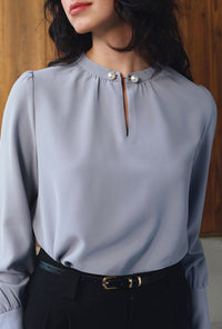Petite Studio's Office-Appropriate Buvette Pearl Blouse in Dusty Blue
