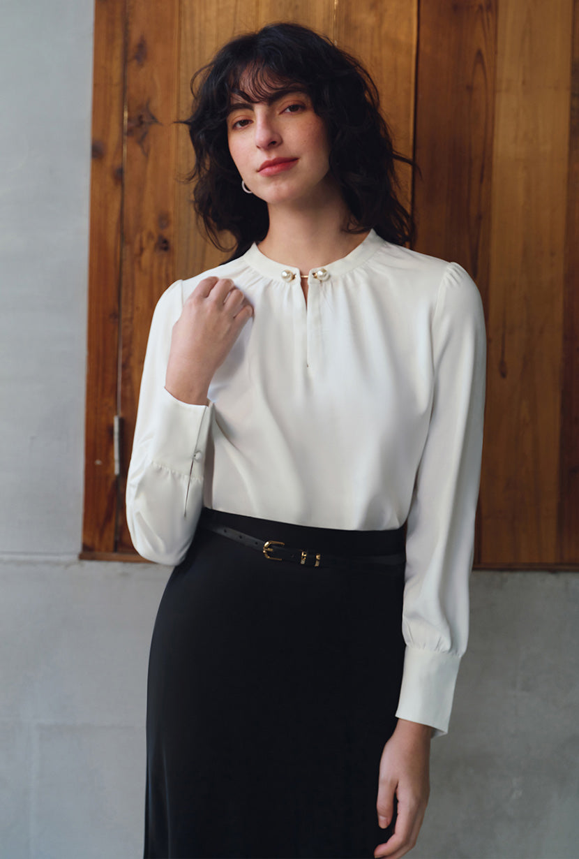 Petite Studio's Office-Appropriate Buvette Pearl Blouse in Ivory