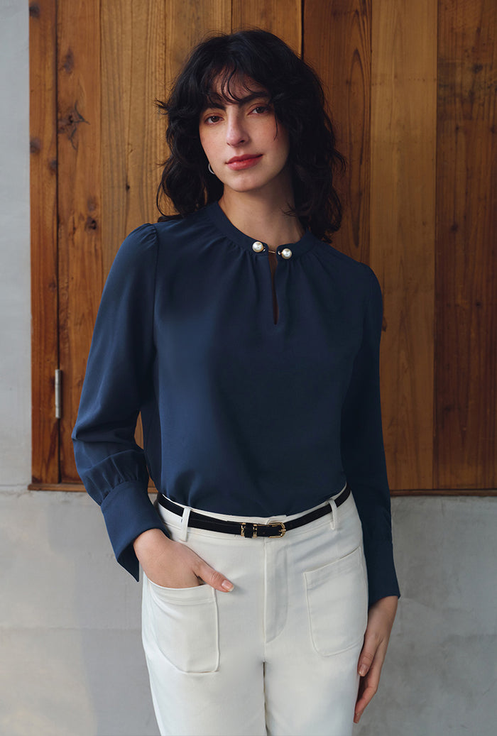 Petite Studio's Office-Appropriate Buvette Pearl Blouse in Navy