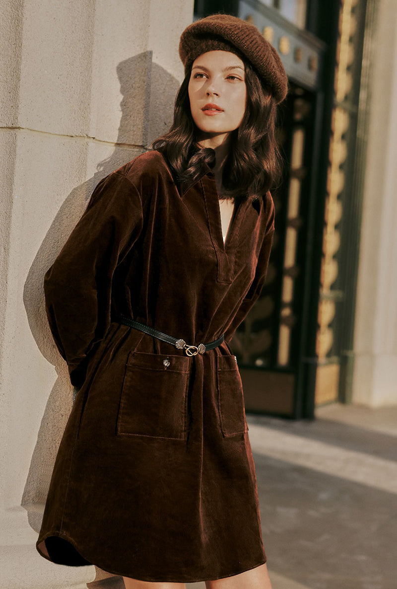 Petite Studio's Abby Corduroy Dress in Brown
