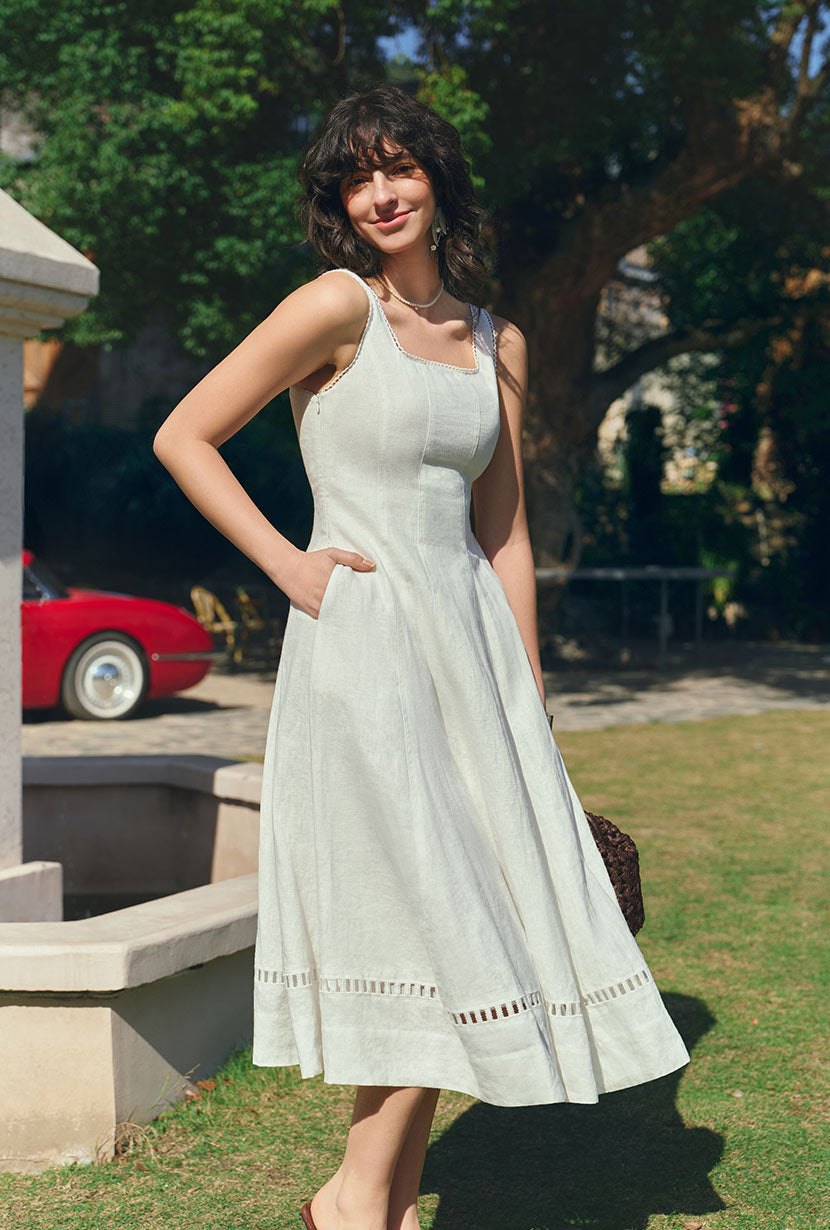 Petite Studio's Fenton Panel Linen Dress in Ivory 