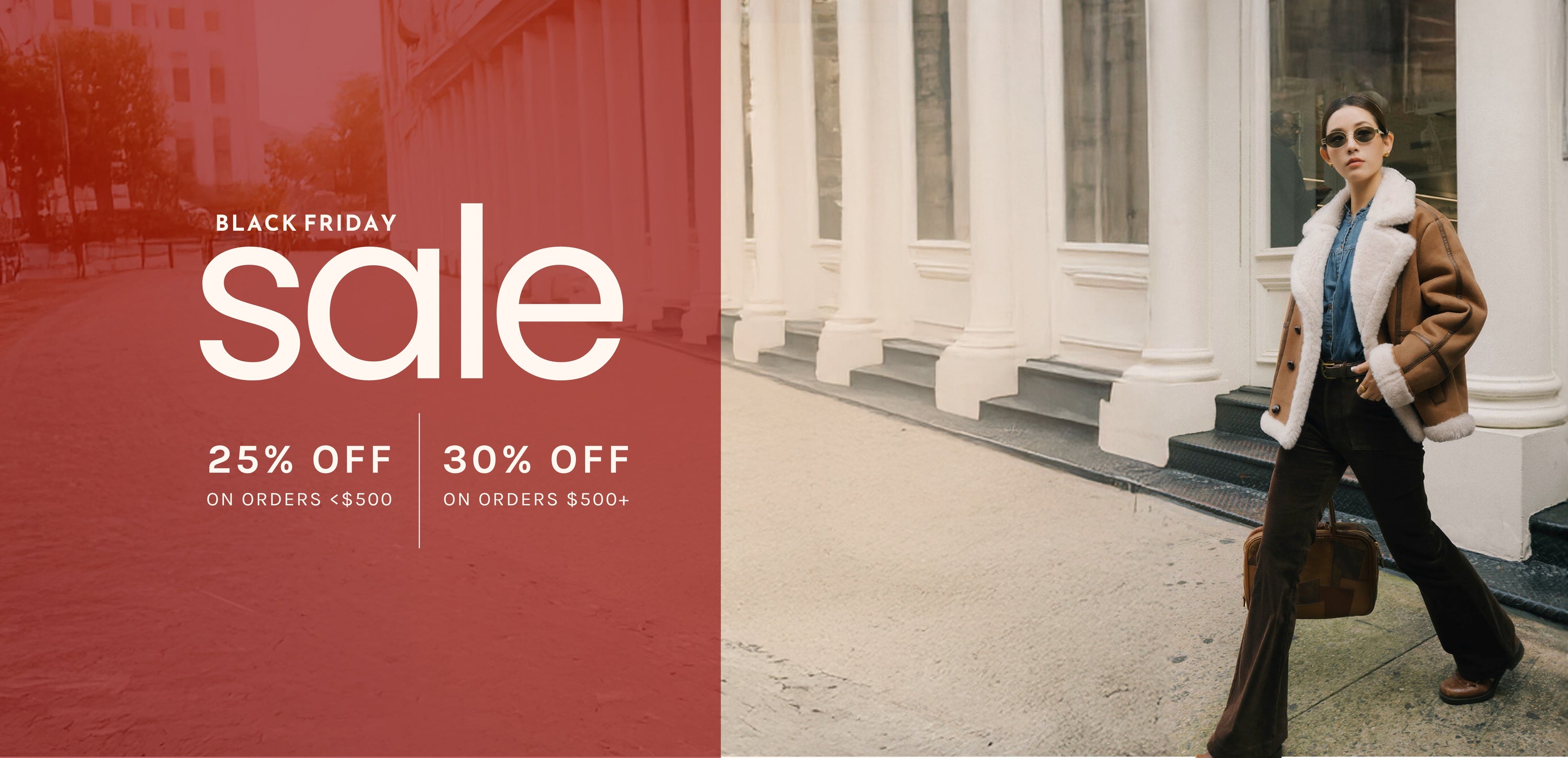 Model advertising Petite Studio's Black Friday Sale in New York