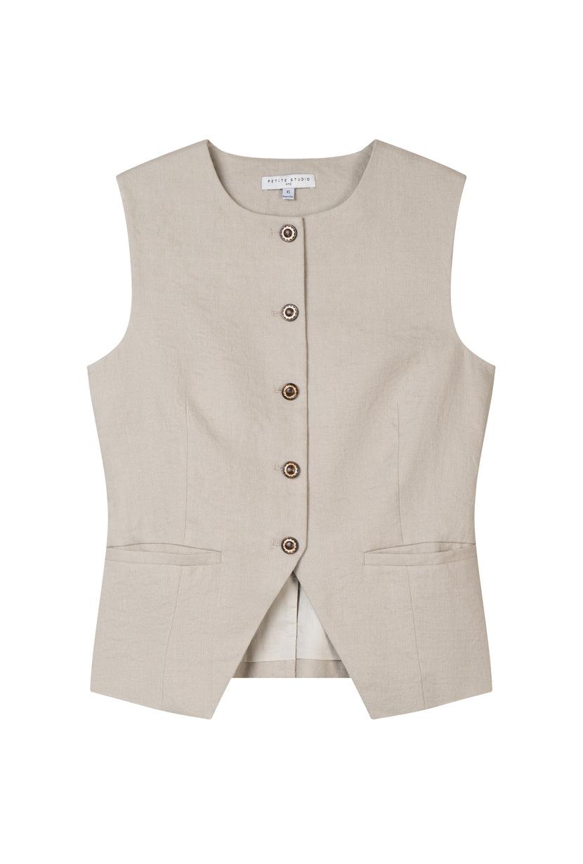 Petite Studio's Rozi Linen Vest in Sand
