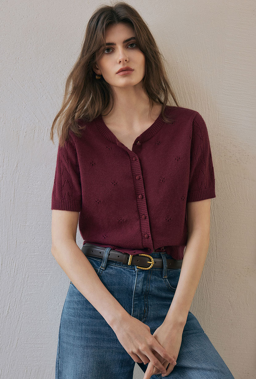 Petite Studio's Basti Reversible Merino Wool Cardigan in Burgundy 