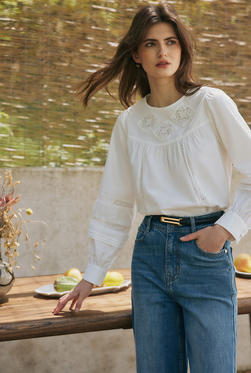 Petite Studio's Julian Appliqué Cotton Blouse in Ivory