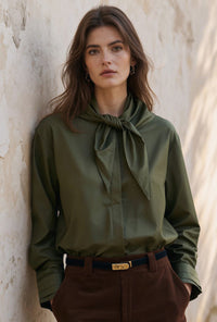 Petite Studio's Finn Cotton Scarf Shirt in Moss Green