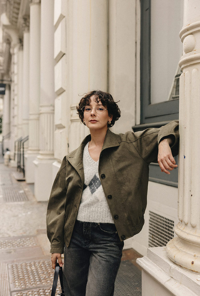 Petite Studio's Ashley Oversized Suede Jacket in Kahki Green