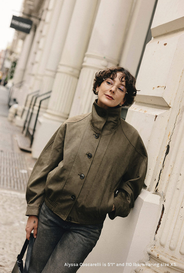 Petite Studio's Ashley Oversized Suede Jacket in Kahki Green