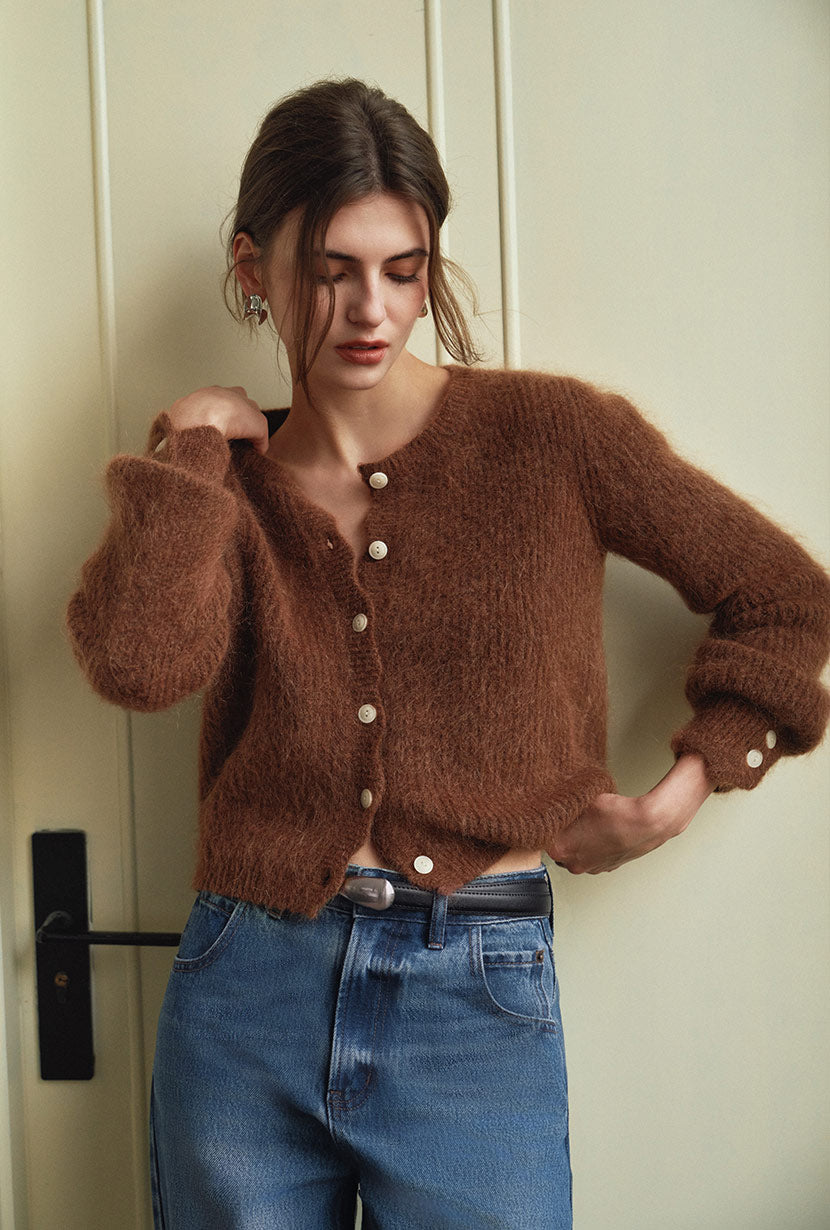 Petite Studio's Bellamy Mohair Cardigan in Brown