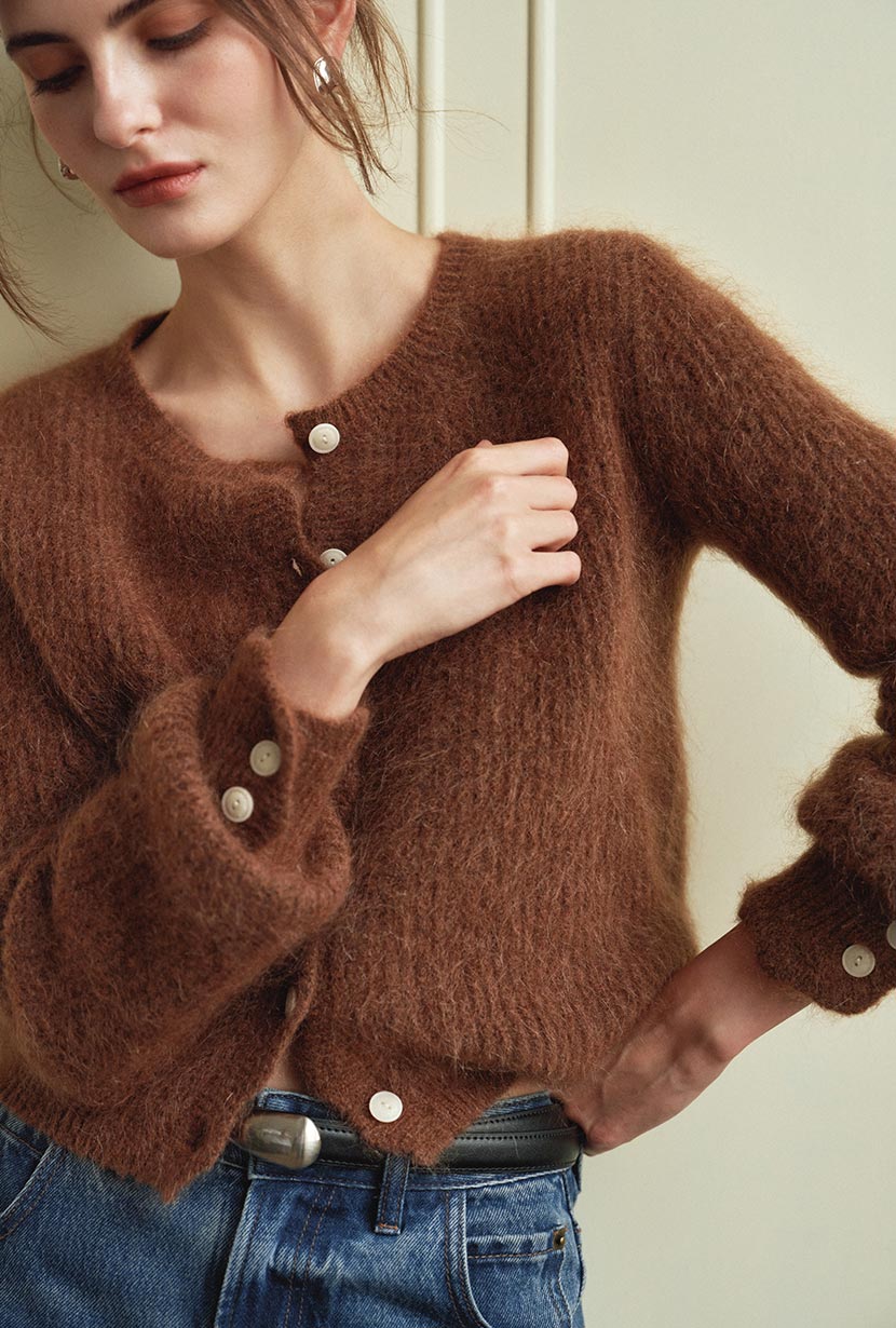 Petite Studio's Bellamy Mohair Cardigan in Brown