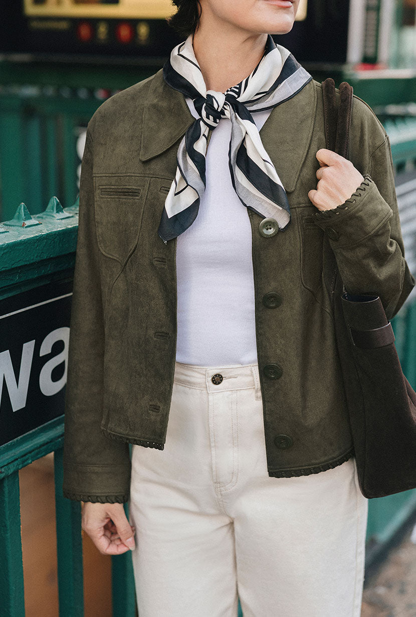 Petite Studio's Chiara Suede Jacket in Deep Olive 