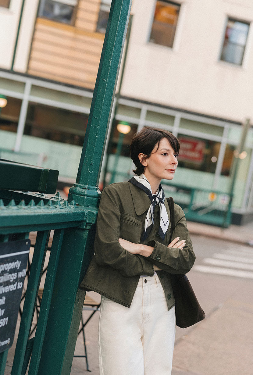 Petite Studio's Chiara Suede Jacket in Deep Olive 