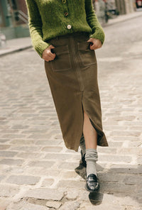 Petite Studio's Debbie Suede Pencil Skirt in Kahki Green