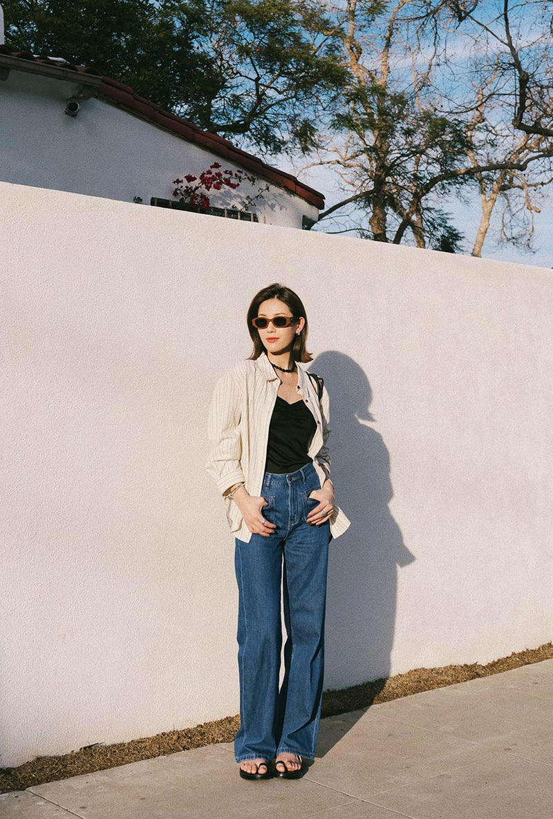Petite Studio's Odilia Mid Rise Straight Leg Jeans in Mid Indigo 