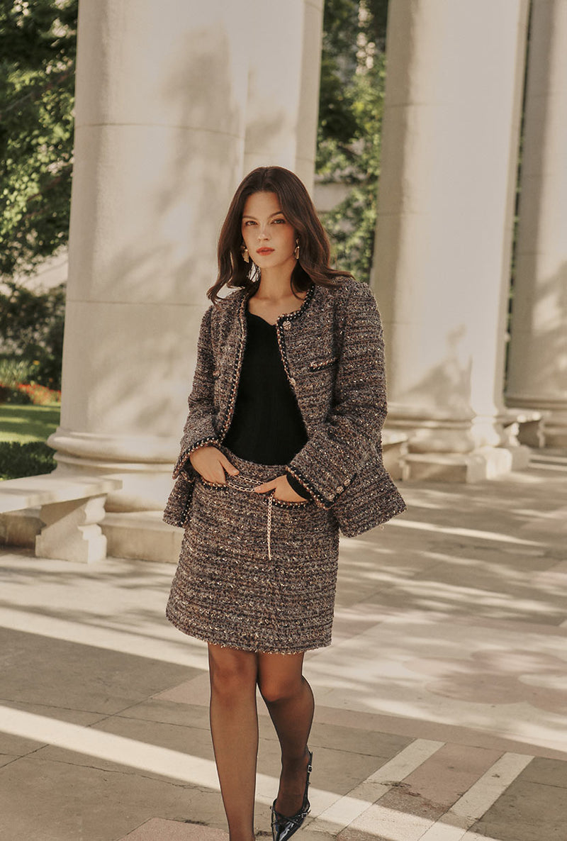 Petite Studio's Ashton Mini Wool Tweed Skirt in Charcoal 