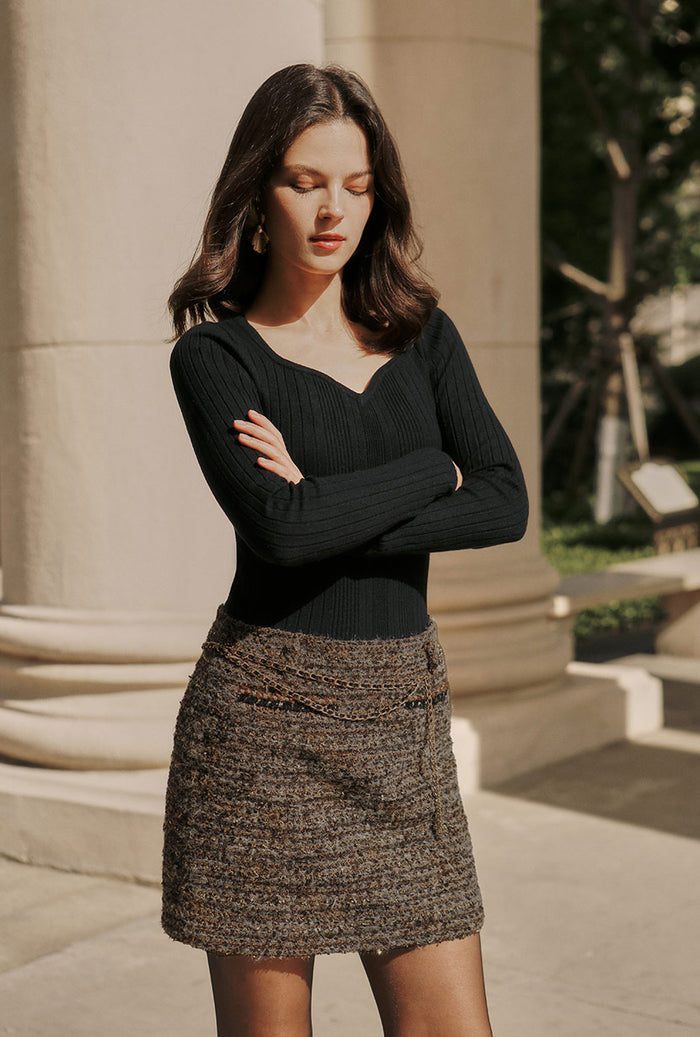 Petite Studio's Ashton Mini Wool Tweed Skirt in Charcoal 