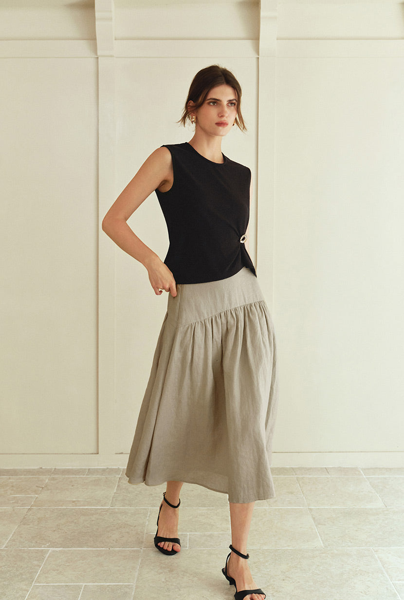 Petite Studio's Atticus Linen Midi Skirt in Sand