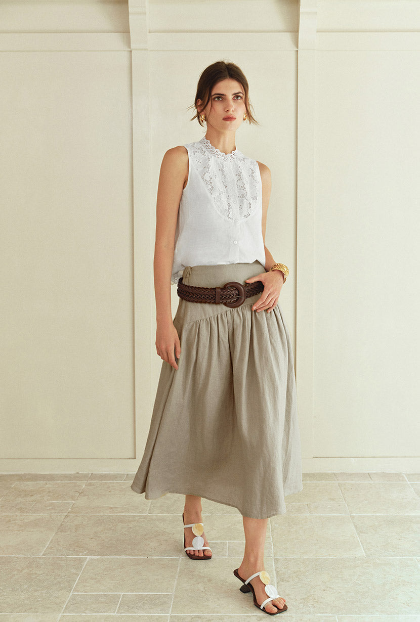 Petite Studio's Atticus Linen Midi Skirt in Sand