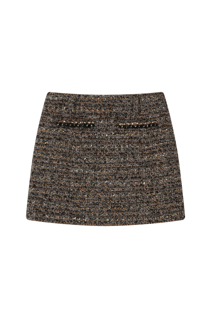 Petite Studio's Ashton Mini Wool Tweed Skirt in Charcoal 