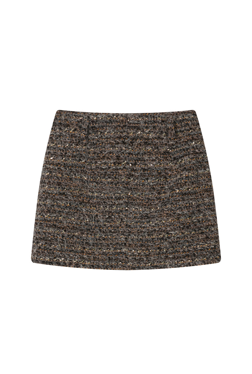 Petite Studio's Ashton Mini Wool Tweed Skirt in Charcoal 