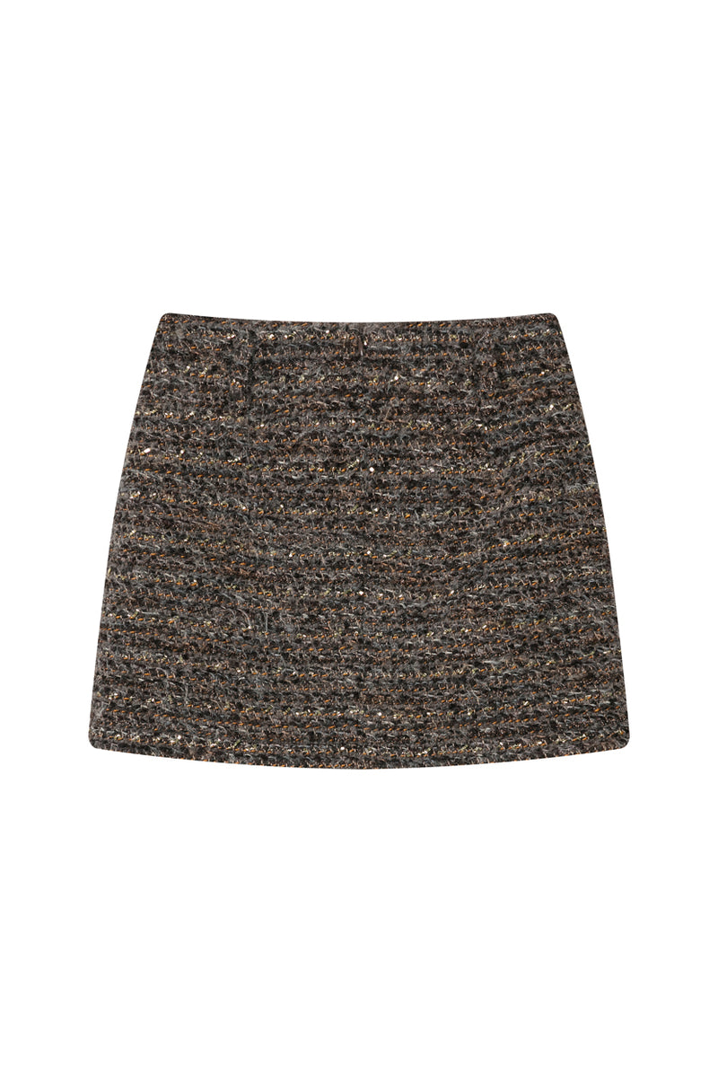 Petite Studio's Ashton Mini Wool Tweed Skirt in Charcoal 