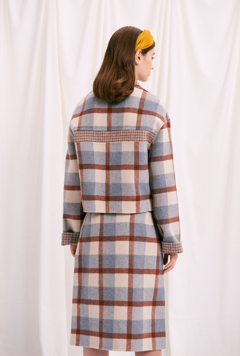 Petite Studio's oversized Stockholm Reversible Wool Jacket in Blue Plaid