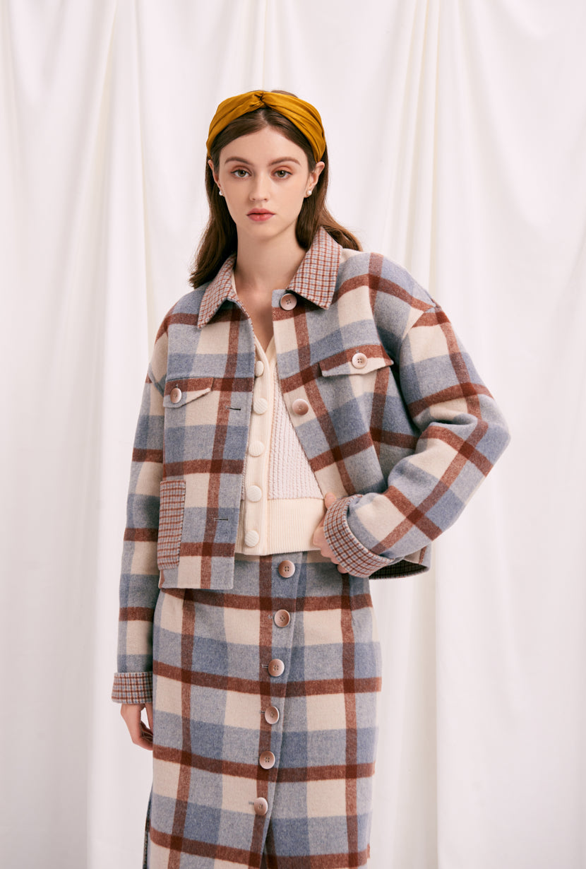 Petite Studio's oversized Stockholm Reversible Wool Jacket in Blue Plaid